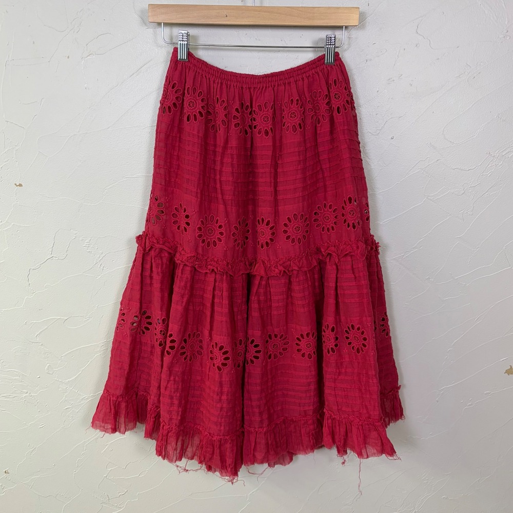 Free People FP One Lorelai midi skirt Skirt S Pink Eyelet Tiered Cotton Boho